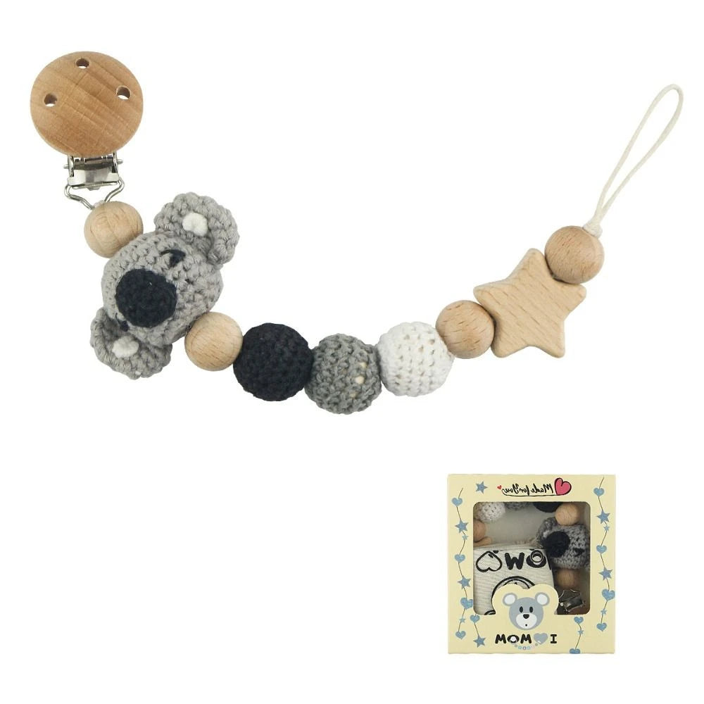 Wood Soother Holder Children Baby Teether Toys Straps Pacifier Holder Clips Baby Pacifier Chain Crochet Animal Pacifier Clips