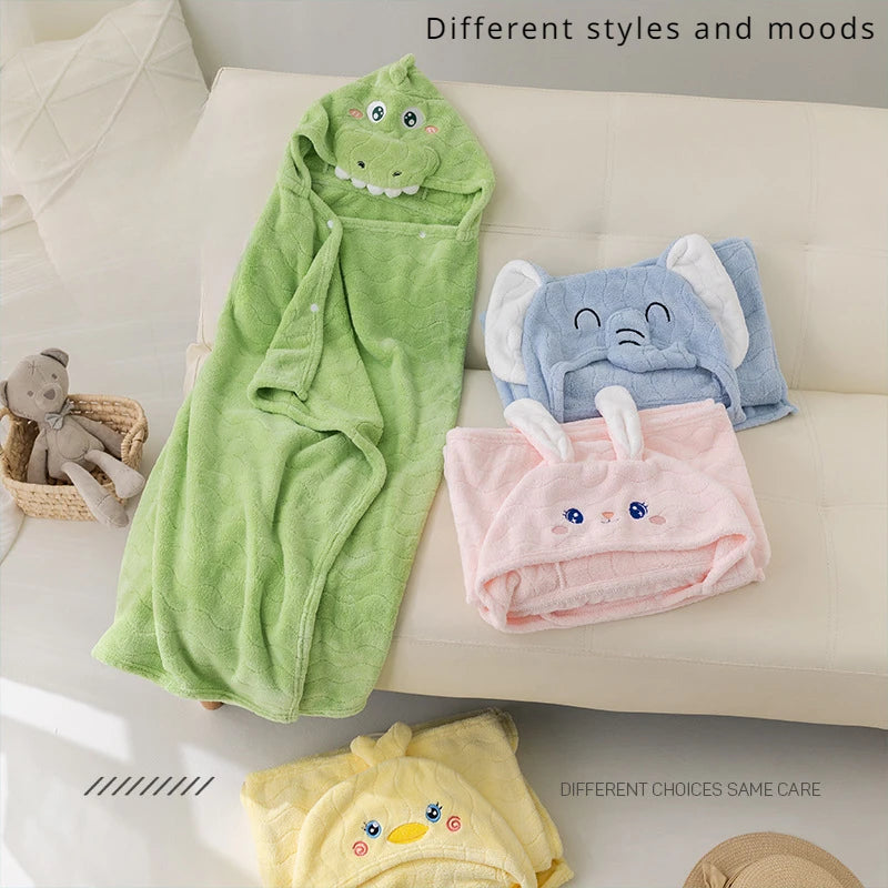 Children's Plush Hooded Bath Towel Cartoon Coral Velvet Baby Absorbent Quick Drying Hooded Cape Bathrobe Cute Hooded Bath Towel