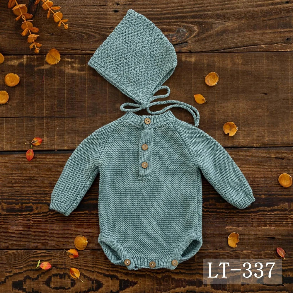 Newborn Photography Clothing Knitted Baby Costume Infant Hat Long Sleeve Romper 2Pcs/Set Studio Baby Photo Props Accessories