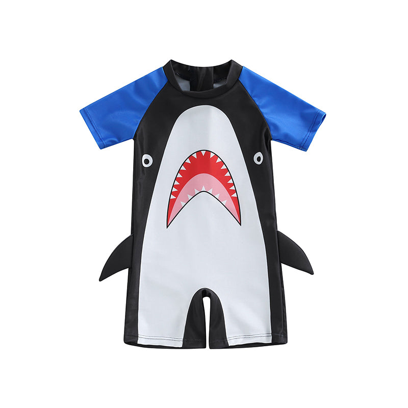 Yiicovy 1-4 Years Toddler Baby Boys Cartoon Shark Swimwear Blue Patchwork Short Sleeve Beachwear Bathing Suit for Boys Kids 2023