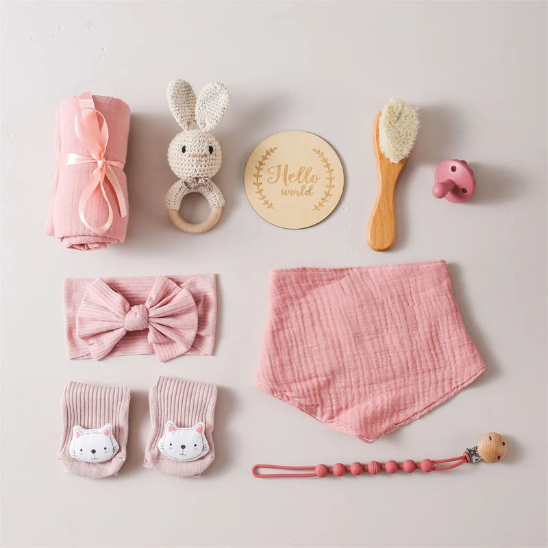 Baby Towel Newborn Accessories Photography Props Keepsakes Memories Milestone Cards Baby Birth Monthly Bath Rattle Toy Set Gifts