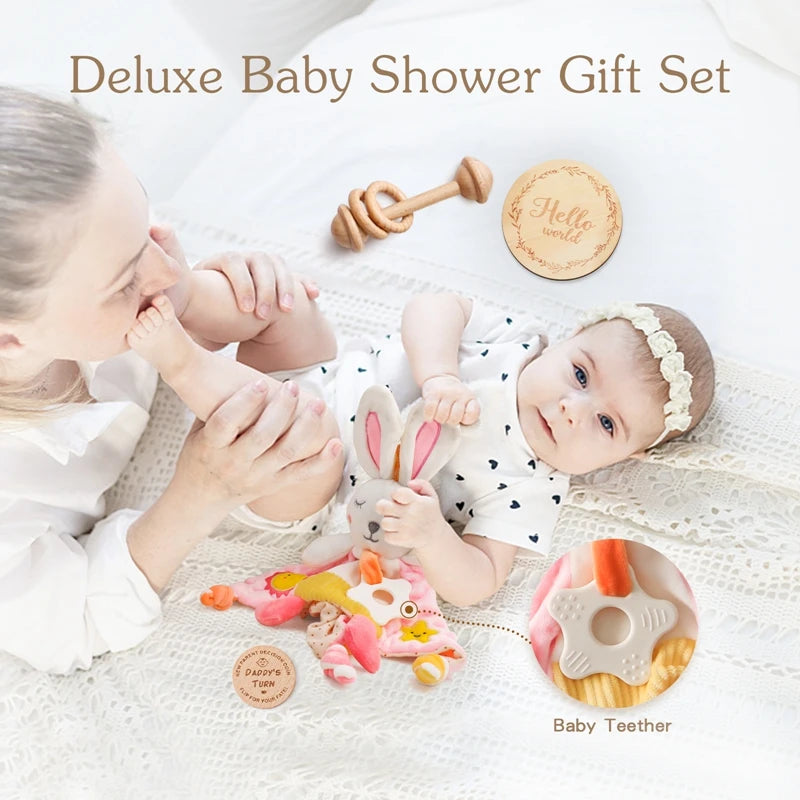 Baby Gift Set Newborn Infant Baby Towel Newborn Bath Toy  Baby Drool Towel  Wood Rattle  Growth Milestone Baby Socks Baby Gift