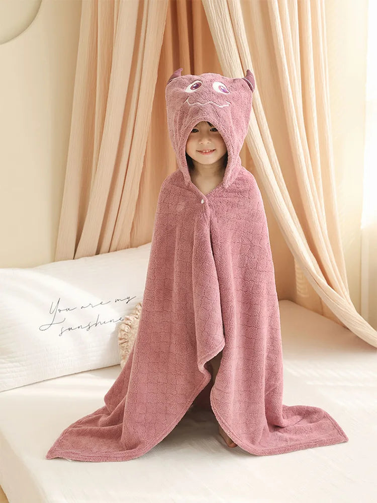 Children's Plush Hooded Bath Towel Cartoon Coral Velvet Baby Absorbent Quick Drying Hooded Cape Bathrobe Cute Hooded Bath Towel