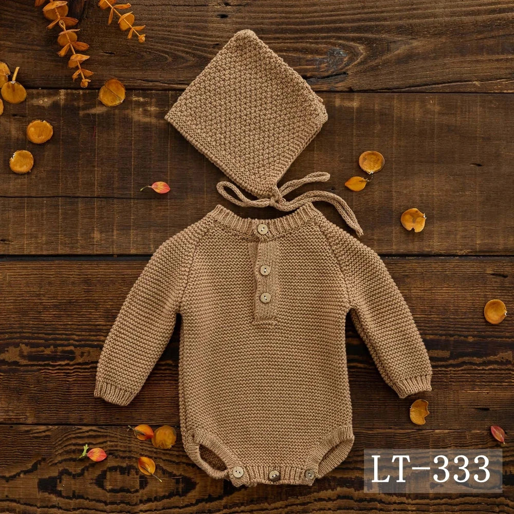 Newborn Photography Clothing Knitted Baby Costume Infant Hat Long Sleeve Romper 2Pcs/Set Studio Baby Photo Props Accessories