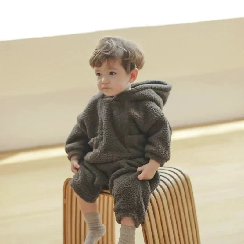 Winter Baby Plush Fleece Thicken Warm Hoodies Sets Toddler Boys Hooded Sweatshirt and Pants Set Children 2pcs Clothes Suit