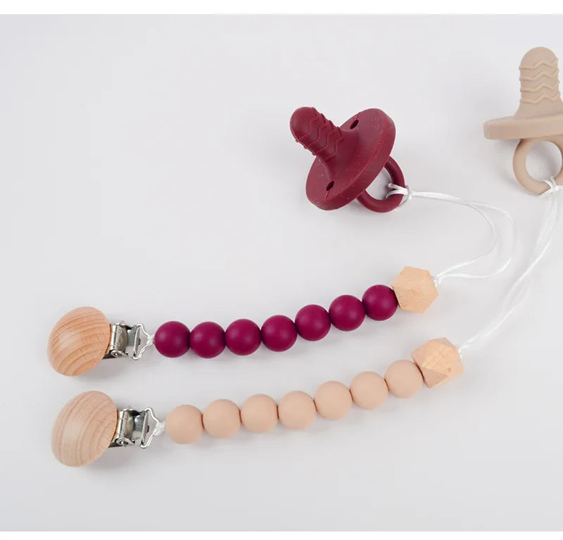 Baby Pacifier Clip Wood Color Silicone Bead Infant Teether Soother Anti-drop Chain Newborn Safe Teething Toy Dummy Nipple Holder