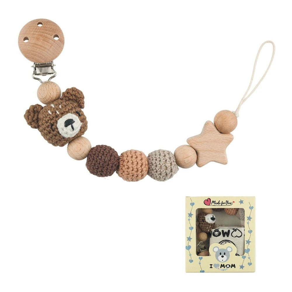 Wood Soother Holder Children Baby Teether Toys Straps Pacifier Holder Clips Baby Pacifier Chain Crochet Animal Pacifier Clips