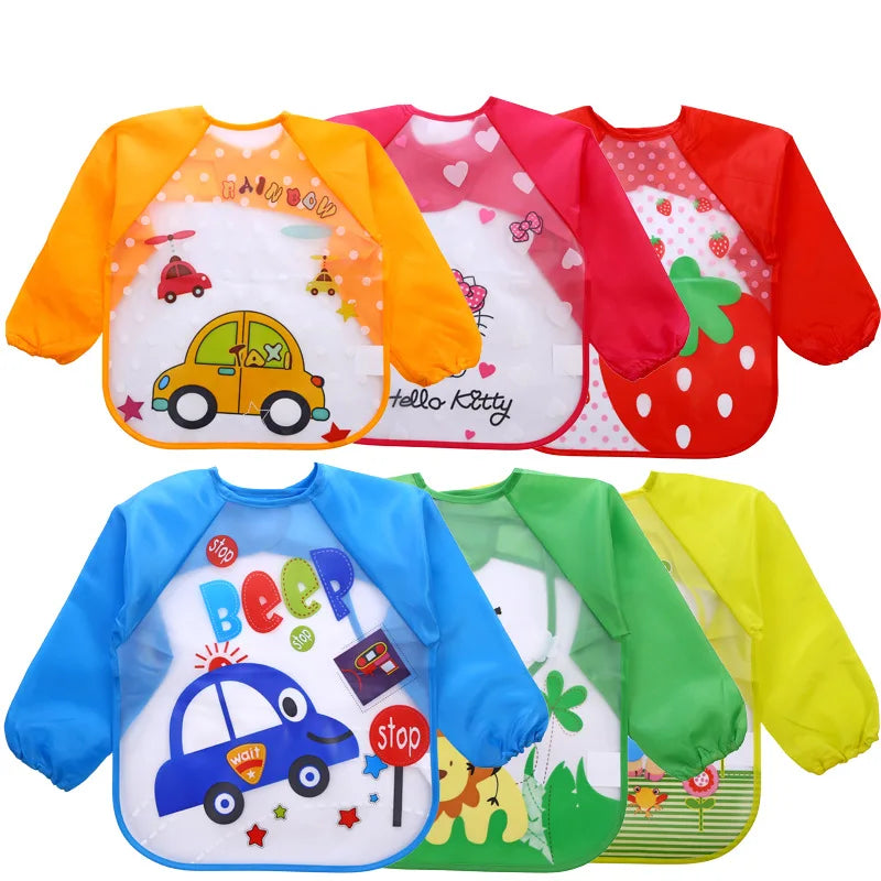 Baby Bibs Unisex Boys Girls Cartoon Pattern Burp Cloths Long Sleeve Water Proof Bibs Feeding Apron Art Painting Graffiti Smock