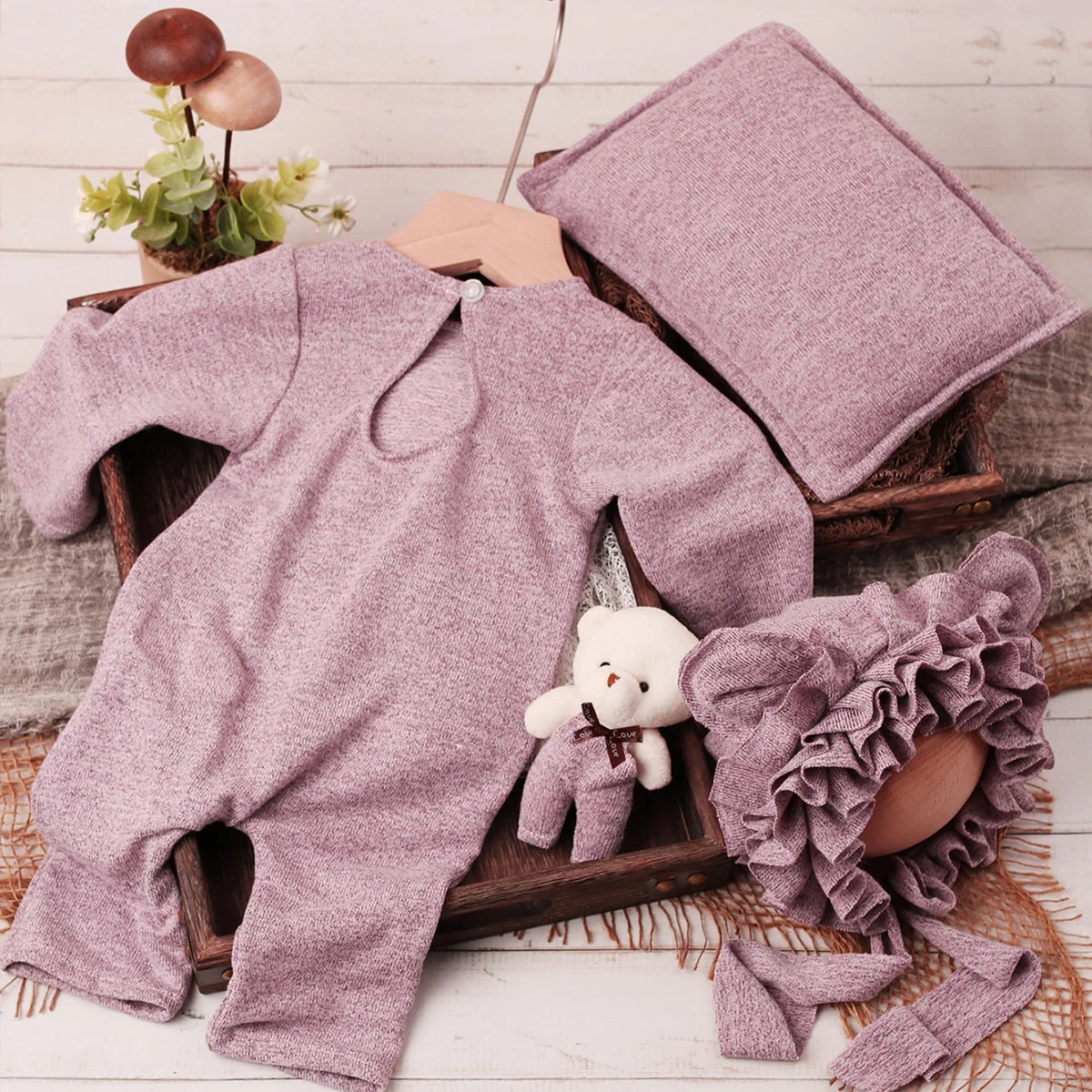 Ylsteed 4 Pieces Set Newborn Girl Photography Outfits Bears Ears Hat with Mini Bear Doll And Posing Pillow Infant Photo Props