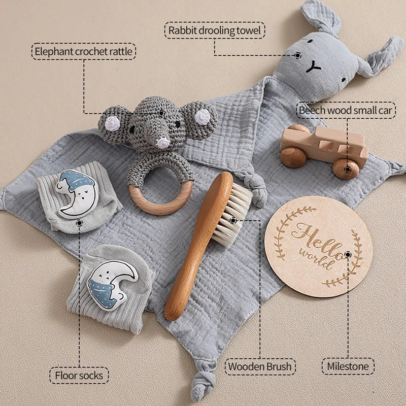 Baby Gift Set Newborn Infant Baby Towel Newborn Bath Toy  Baby Drool Towel  Wood Rattle  Growth Milestone Baby Socks Baby Gift