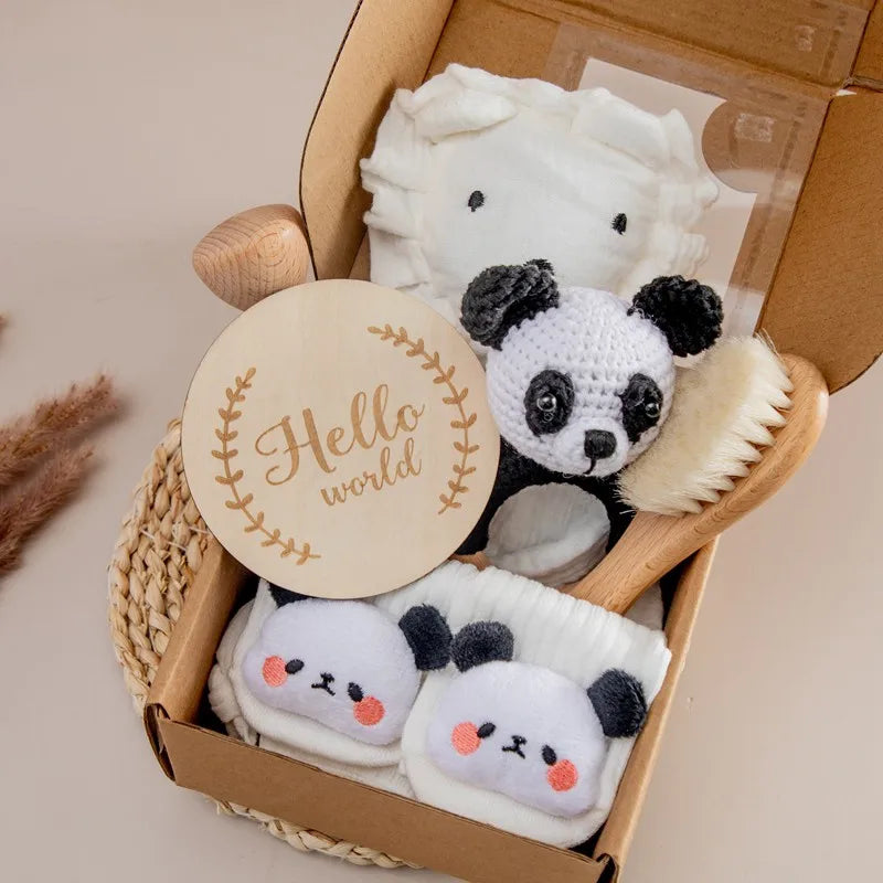 Baby Wooden Crochet Rattle Brushs Bracelet Towel Double Sided Cotton Blanket Newborn Bath Set Gifts Box For Baby Shower Gift