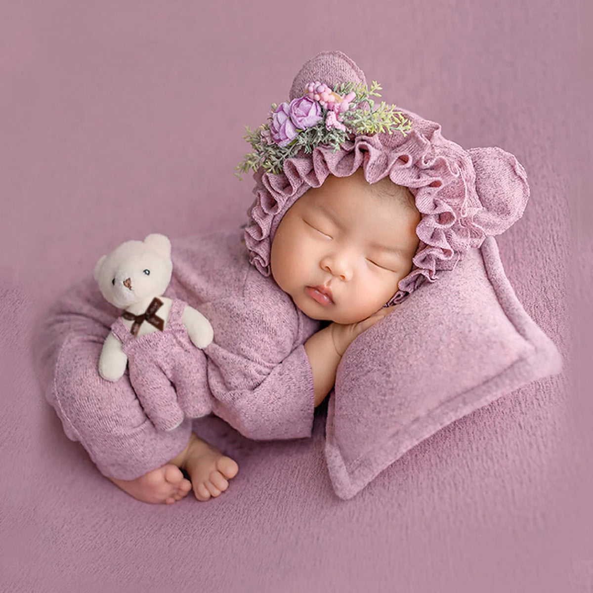 Ylsteed 4 Pieces Set Newborn Girl Photography Outfits Bears Ears Hat with Mini Bear Doll And Posing Pillow Infant Photo Props