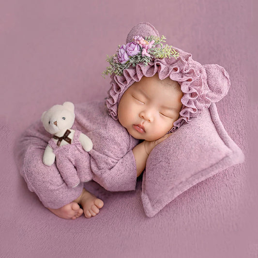 Ylsteed 4 Pieces Set Newborn Girl Photography Outfits Bears Ears Hat with Mini Bear Doll And Posing Pillow Infant Photo Props