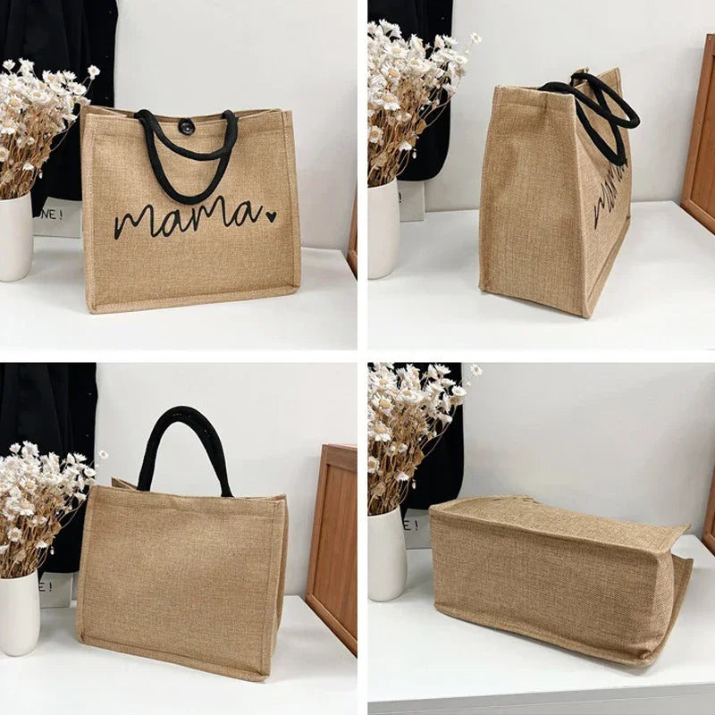 Women Tote Bag Fashion Mama Letter Printing Linen Handbag Large Capacity Baby Diaper Bag Casual Shopping Shoulder Bag Mom Gifts