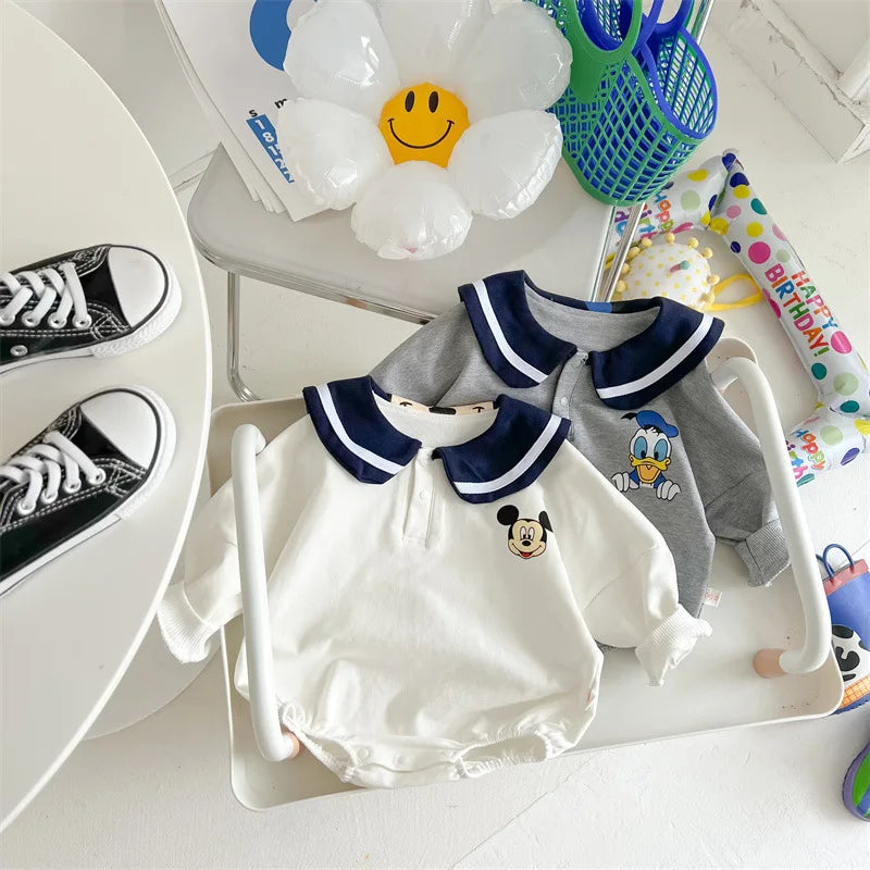 Spring Newborn Baby Rompers Socks Set Cartoon Mickey Mouse Donald Boy Girl Jumpsuit Infant Costumes Cotton Long Sleeve Bodysuits