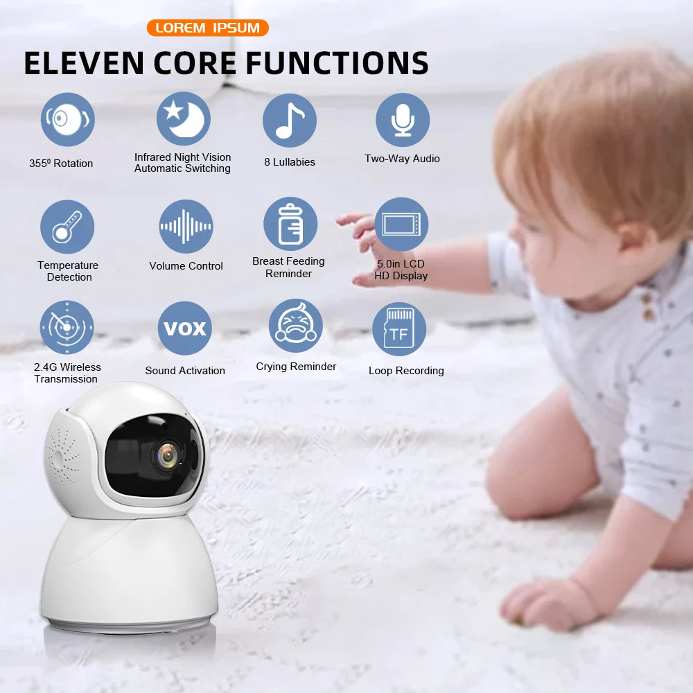 5"IPS Video Baby Monitor With Pan Tilt Child Camera Wireless 2-Way Audio Night Vision Security Babysitter VOX Wake Up USB Charge