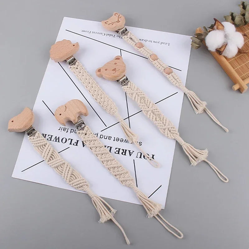 Safety Baby Infant Toddler Dummy Pacifier Soother Nipple Chain Holder Strap Handmade Braided Cotton Rope Wooden Pacifier Clips