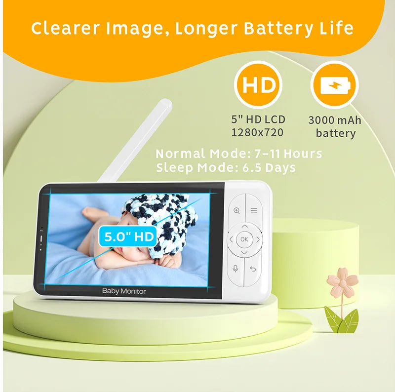 BABY 6T Baby Monitor 1080P HD Camera 5''Screen  Night Vision  Audio and Video Nanny Security 3000mAh Battery Temperature Monitor