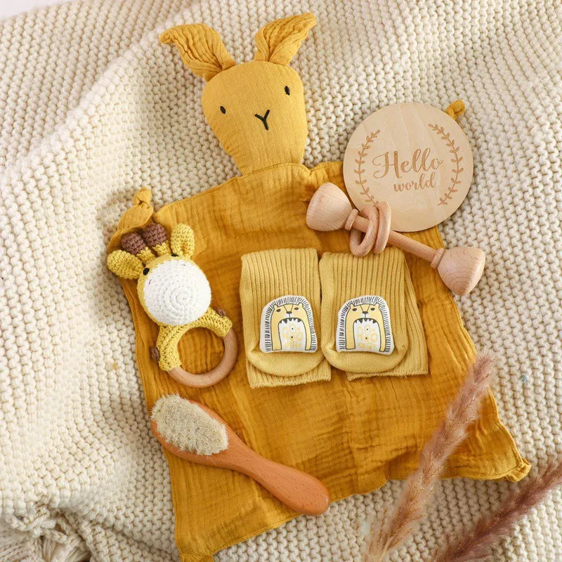 Baby Wooden Crochet Rattle Brushs Bracelet Towel Double Sided Cotton Blanket Newborn Bath Set Gifts Box For Baby Shower Gift