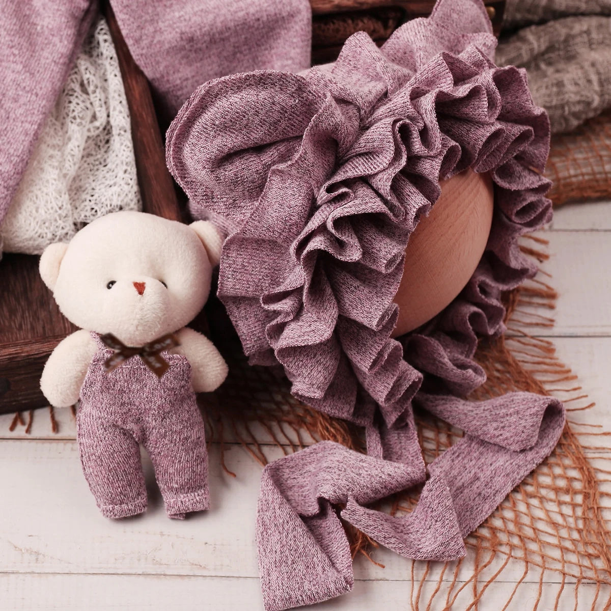 Ylsteed 4 Pieces Set Newborn Girl Photography Outfits Bears Ears Hat with Mini Bear Doll And Posing Pillow Infant Photo Props