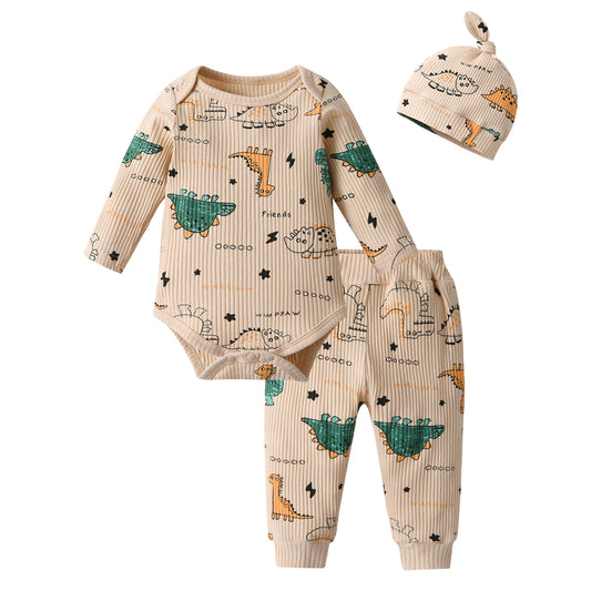 3PCS Newborn Baby Boy Cute Dinosaur Printed Clothes Set Romper Bodysuit Top + infant Pants + Hat Spring Autumn Knitted Outfit