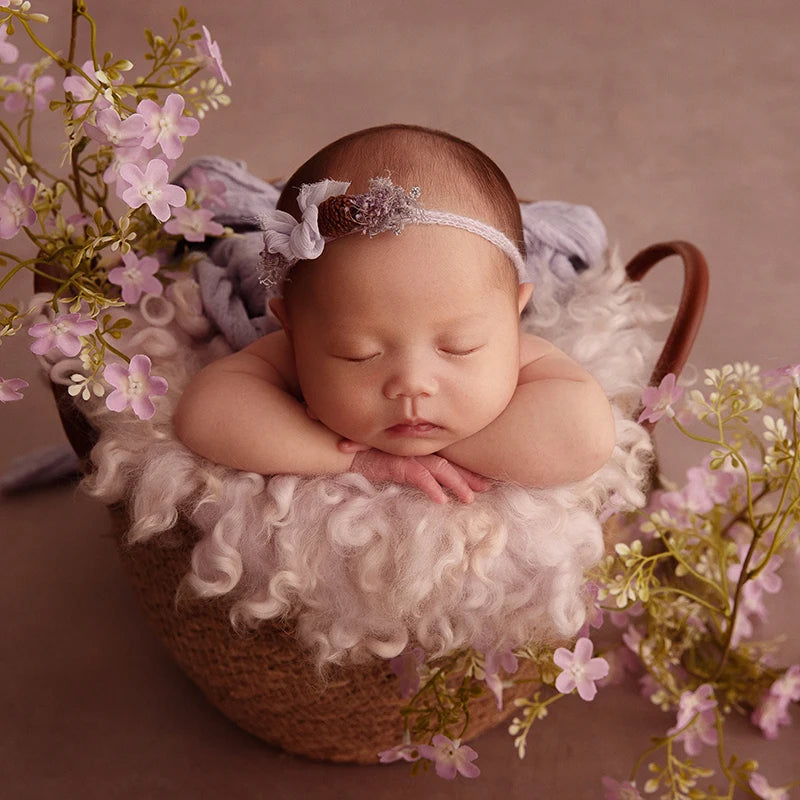 Newborn Photography Seersucker Wrap Soft Wool Felt Blanket Baby Photo Head Flower Prop Baby Posing Basket Filler Accessories