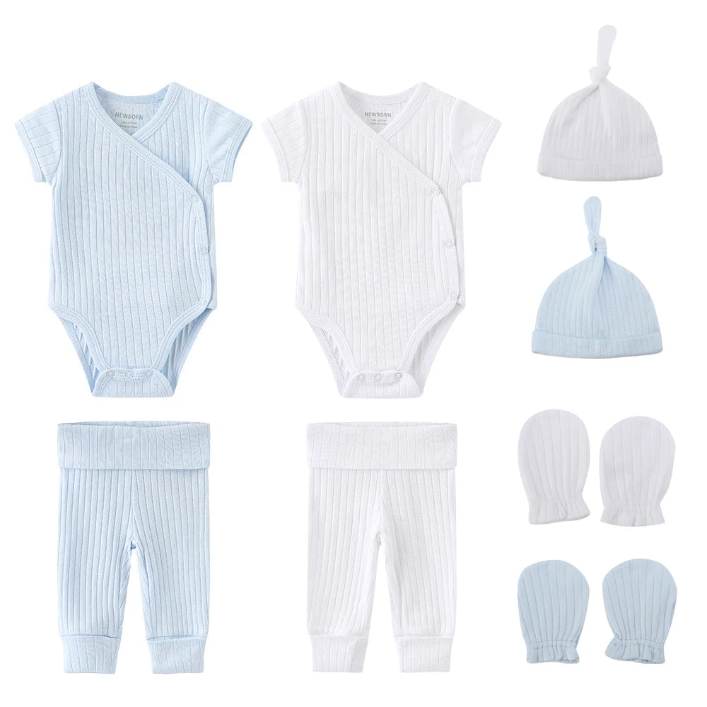 Unisex 2023 Solid Color New Born Baby Girl Clothes Set Bodysuits+Pants+Hats+Bibs/Mittens Cotton Baby Boy Clothes Bebes