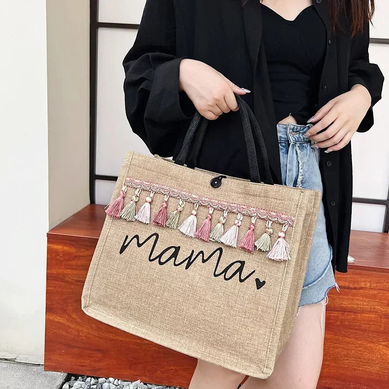 Women Tote Bag Fashion Mama Letter Printing Linen Handbag Large Capacity Baby Diaper Bag Casual Shopping Shoulder Bag Mom Gifts