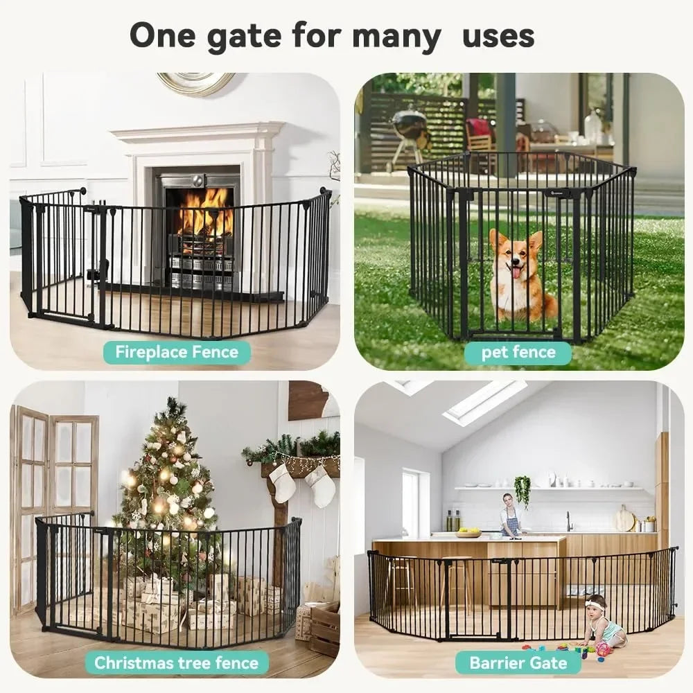 150" Extra Wide Baby Gate with Door, Dog Gates for The House Doorways Fireplace, Auto Close Baby Fence Play Area,6-Panels