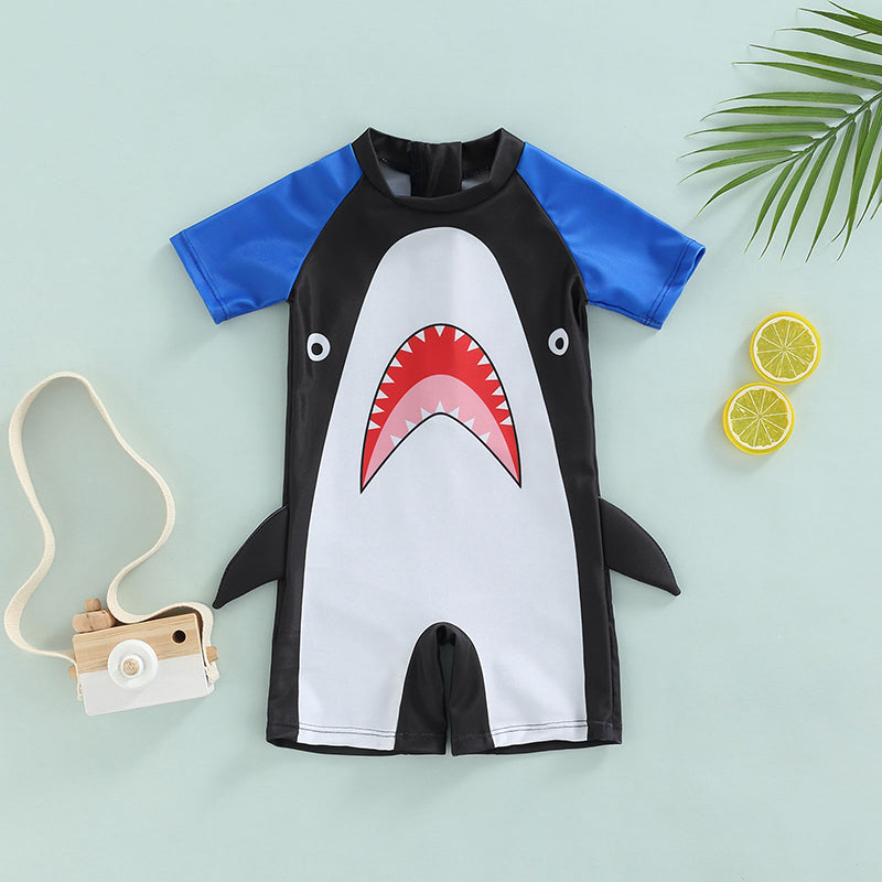 Yiicovy 1-4 Years Toddler Baby Boys Cartoon Shark Swimwear Blue Patchwork Short Sleeve Beachwear Bathing Suit for Boys Kids 2023