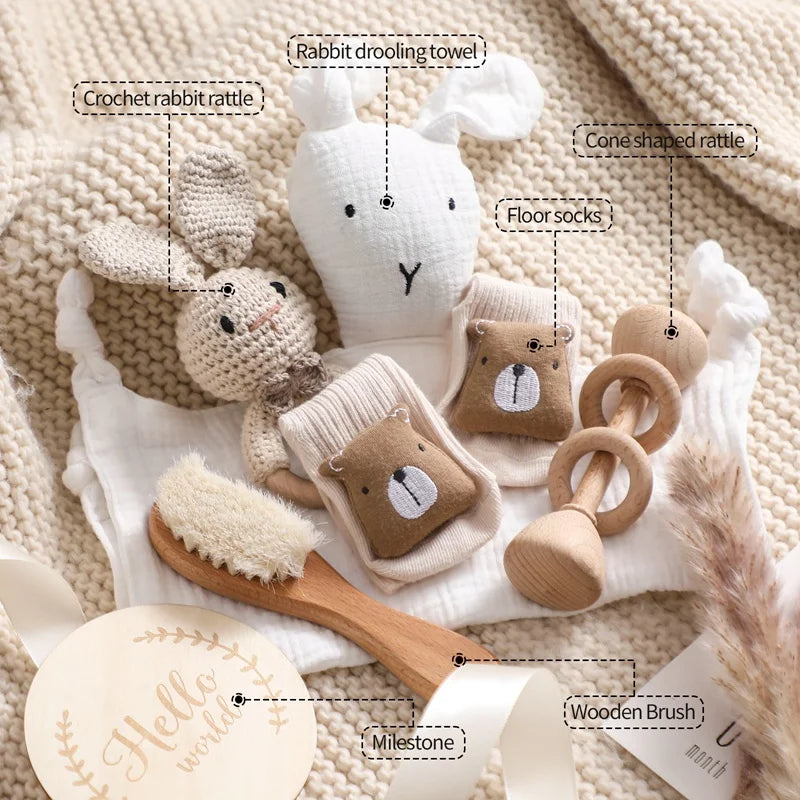 Baby Towel Newborn Accessories Photography Props Keepsakes Memories Milestone Cards Baby Birth Monthly Bath Rattle Toy Set Gifts