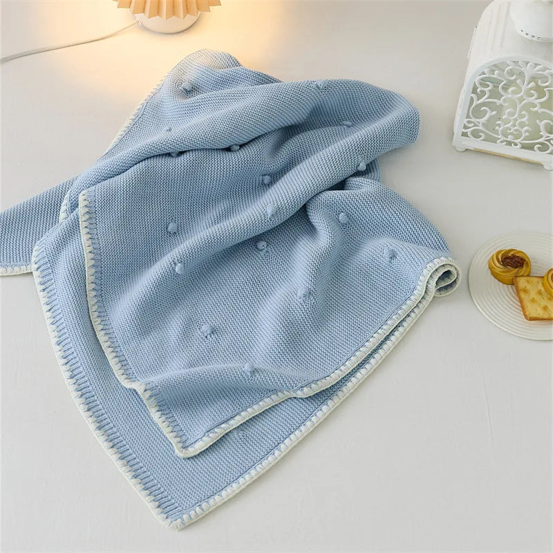 Soft 100% Shell Edge Luxury Pom Throw Dot Knitted Baby Blanket Kids Car and Plane Blankets