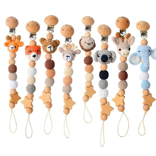 Wood Soother Holder Children Baby Teether Toys Straps Pacifier Holder Clips Baby Pacifier Chain Crochet Animal Pacifier Clips