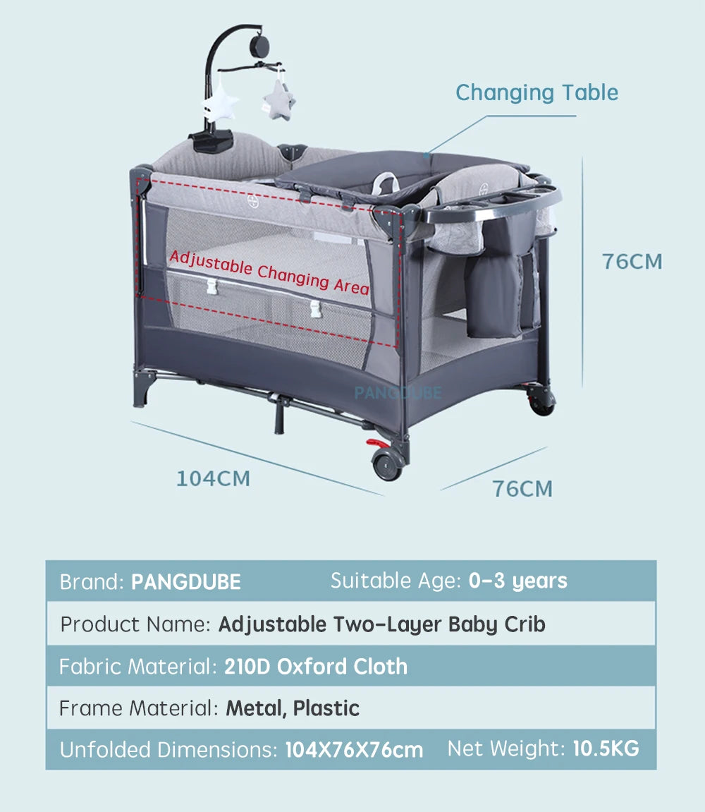PANGDUBE Multifunctional Baby Crib 0 to 3 Years Old Newborn  Baby Bed 104*76cm Cribs with Changing Table,Playpen,Co-sleeping Bed