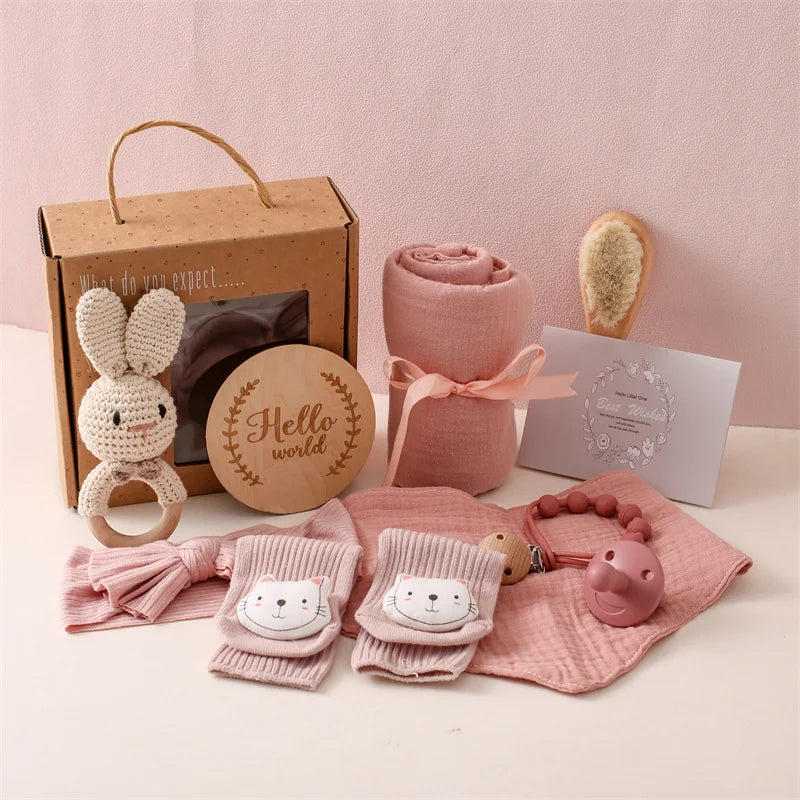 Baby Towel Newborn Accessories Photography Props Keepsakes Memories Milestone Cards Baby Birth Monthly Bath Rattle Toy Set Gifts