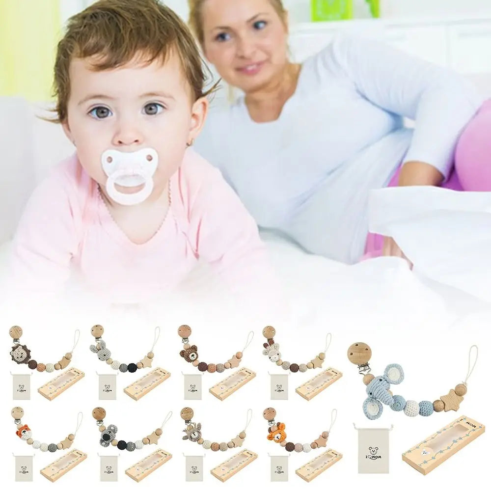 Cartoon Animal Baby Pacifier Clips With Storage Bag Infants Anti-drop Pacifier Holder Soother Chains Beech Wood Dummy Holder