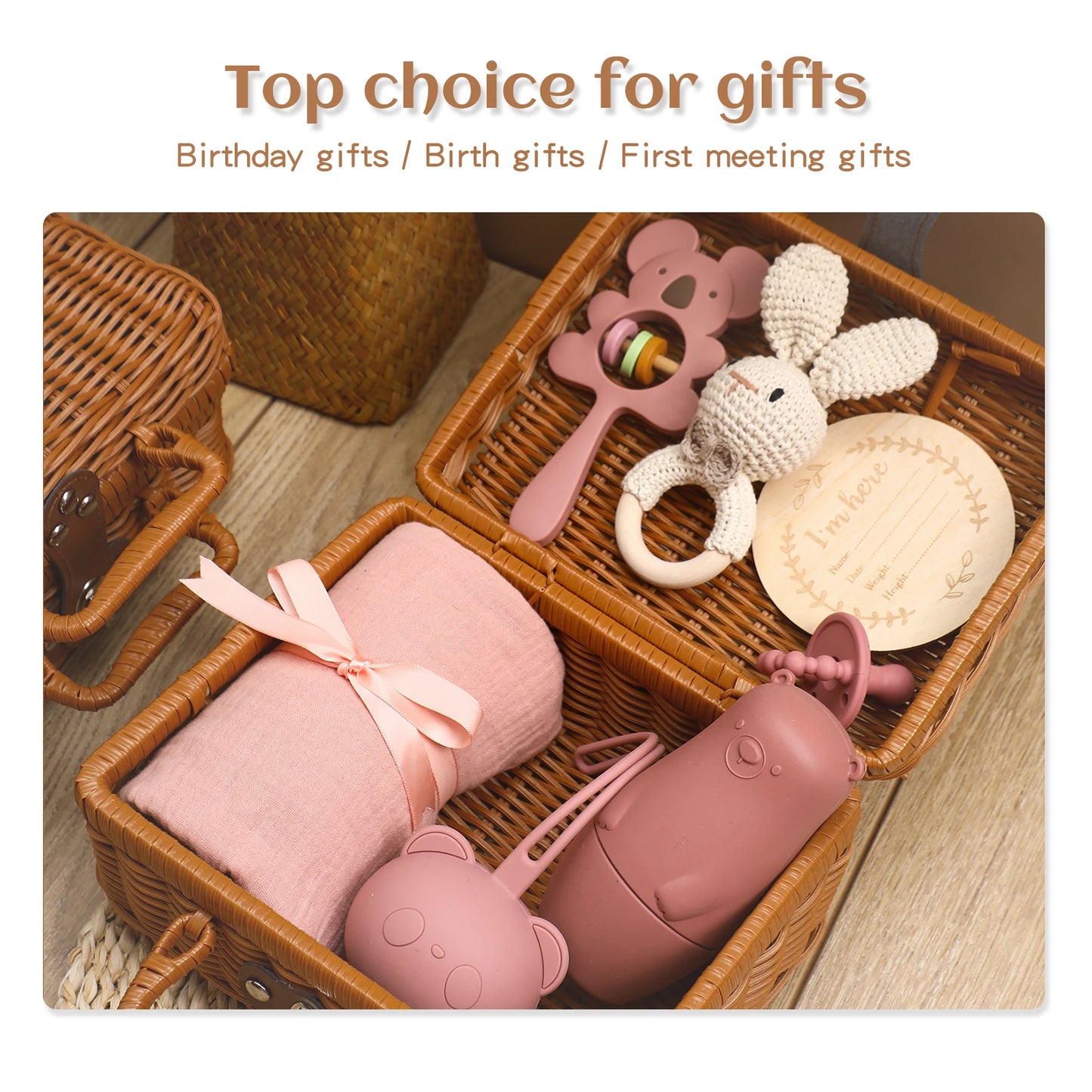 Baby Birth Gift Set Gift Box  Cane Gift Box  Wooden Milestone  Silicone Toy  Baby Pacifier  Crochet Bell Ringing  Delicate Gift