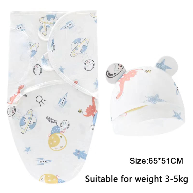 Baby Blanket Hat Set Cartoon Printed Cotton Newborn Swaddle Adjustable Infant Sleeping Swaddle Wraps All Seasons 0-6 Months