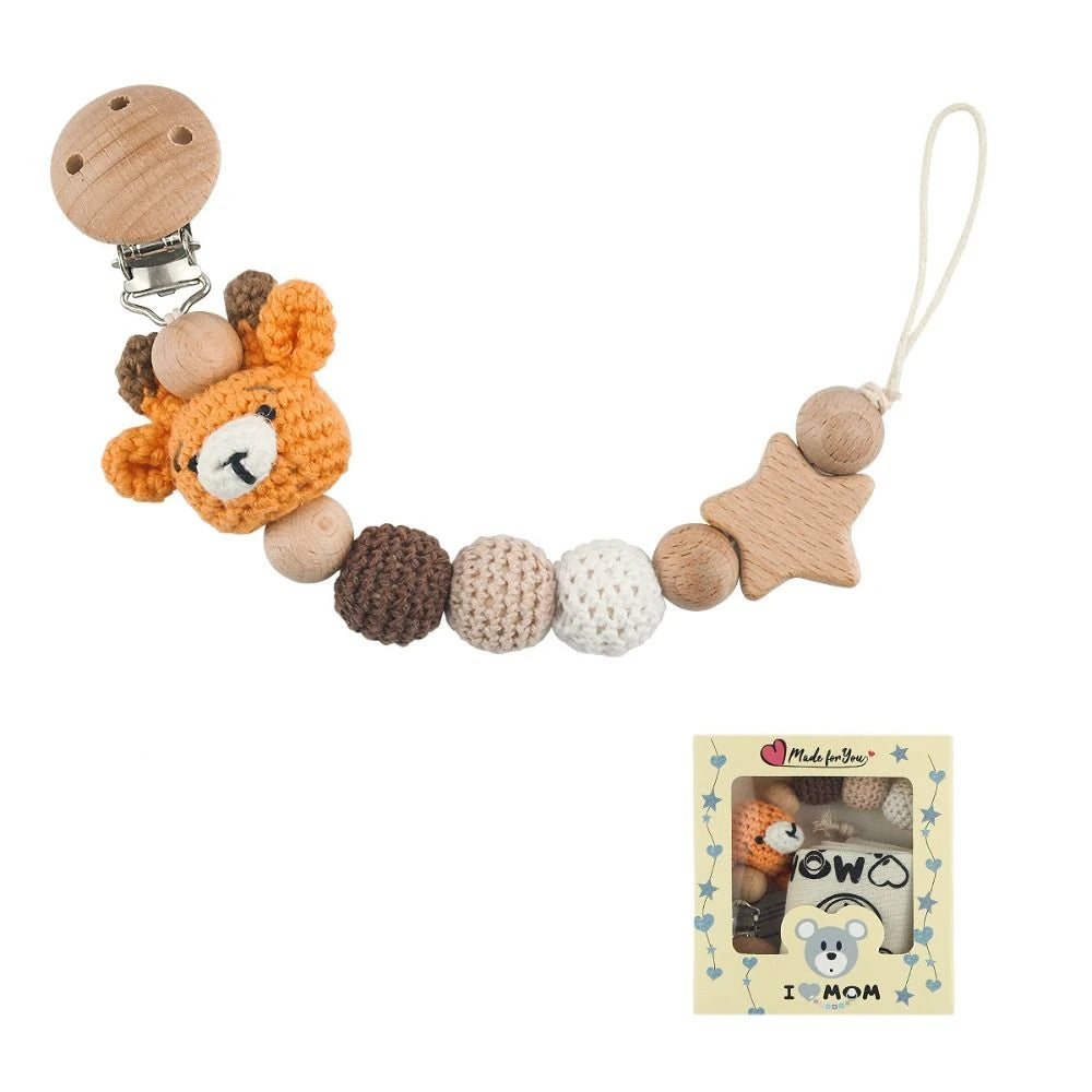 Wood Soother Holder Children Baby Teether Toys Straps Pacifier Holder Clips Baby Pacifier Chain Crochet Animal Pacifier Clips