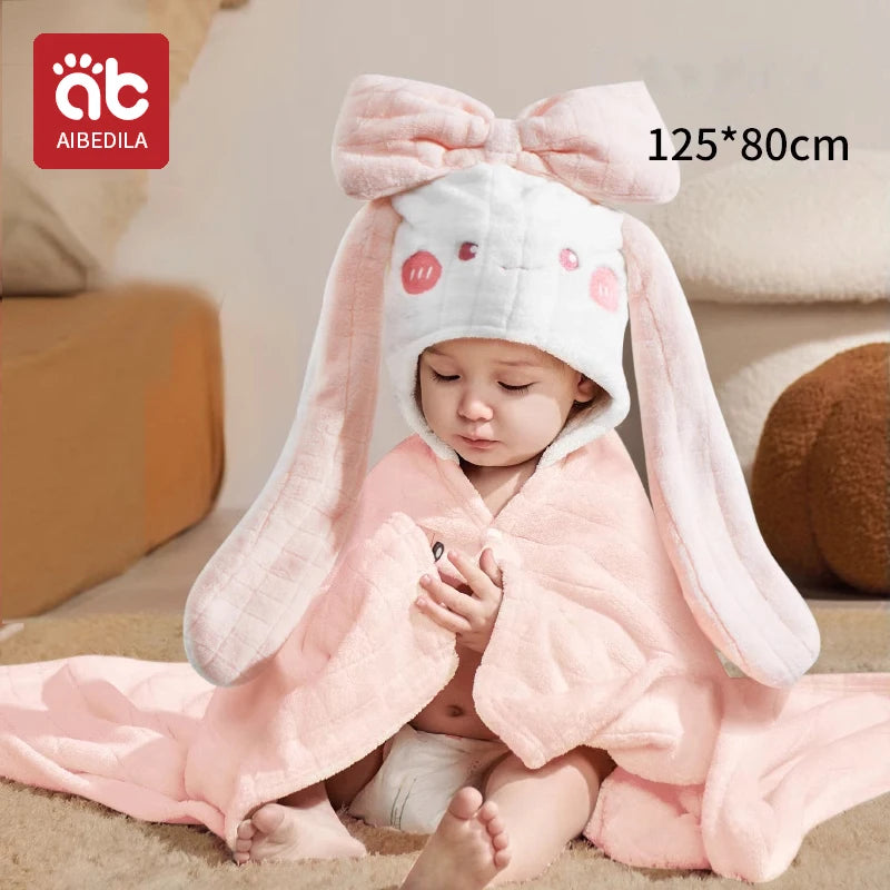 AIBEDILA Cute Animal Baby Bath Towel Cartoon Rabbit Dinosaur Infant Towels Blanket With Hood Newborn Bath Wipe Baby Beach Towels