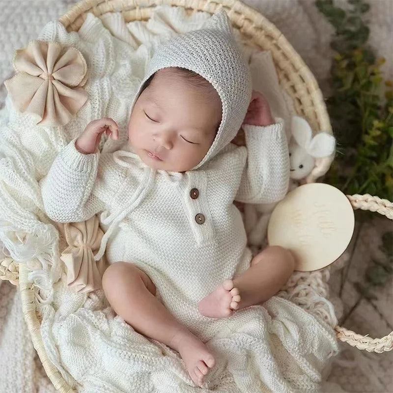 Newborn Photography Clothing Knitted Baby Costume Infant Hat Long Sleeve Romper 2Pcs/Set Studio Baby Photo Props Accessories