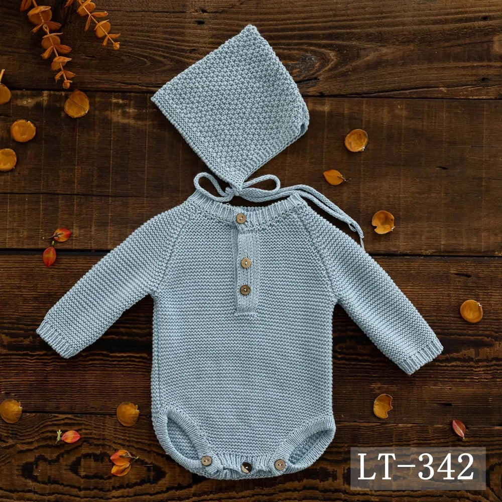 Newborn Photography Clothing Knitted Baby Costume Infant Hat Long Sleeve Romper 2Pcs/Set Studio Baby Photo Props Accessories