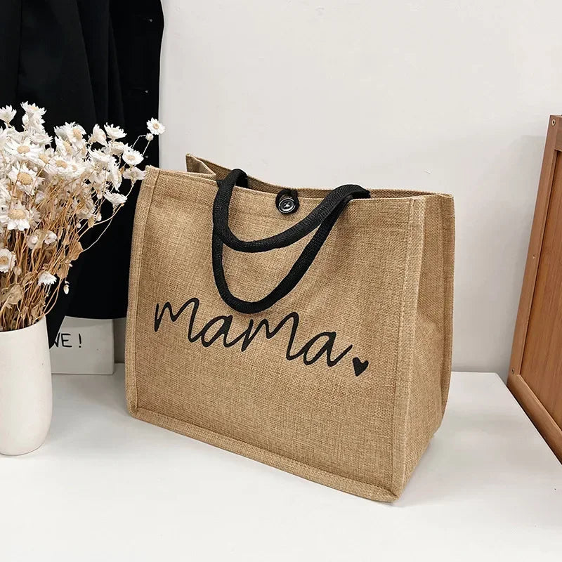 Women Tote Bag Fashion Mama Letter Printing Linen Handbag Large Capacity Baby Diaper Bag Casual Shopping Shoulder Bag Mom Gifts