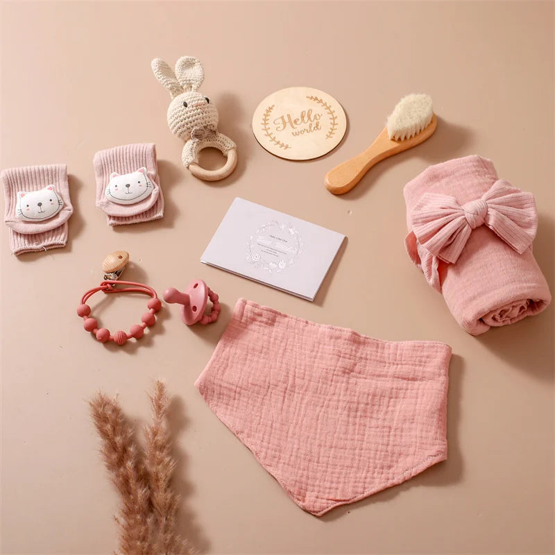 Baby Towel Newborn Accessories Photography Props Keepsakes Memories Milestone Cards Baby Birth Monthly Bath Rattle Toy Set Gifts