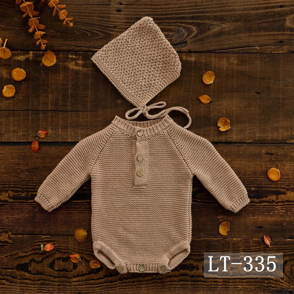 Newborn Photography Clothing Knitted Baby Costume Infant Hat Long Sleeve Romper 2Pcs/Set Studio Baby Photo Props Accessories