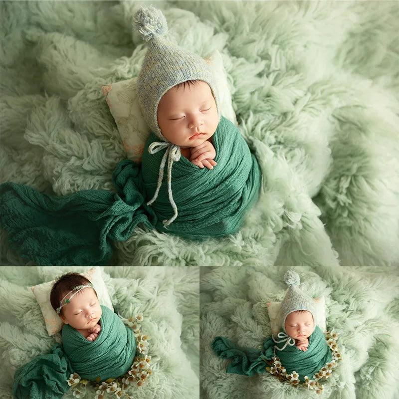 Newborn Photography Props Knitted Hat Swaddle Wrap Green Theme Set New Born Outfit Studio Baby Photoshoot Props Accessories