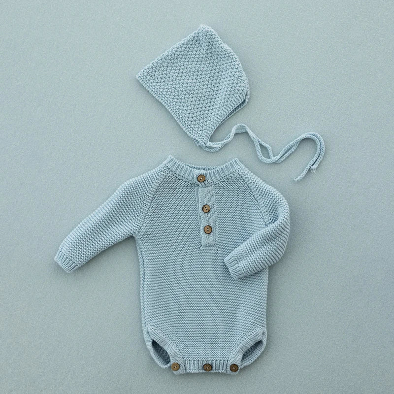 Newborn Photography Clothing Knitted Baby Costume Infant Hat Long Sleeve Romper 2Pcs/Set Studio Baby Photo Props Accessories