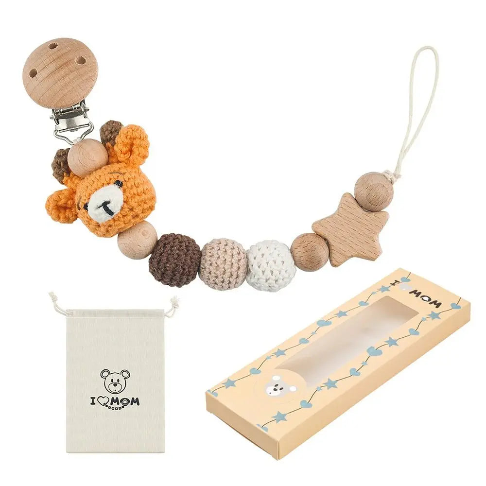 Cartoon Animal Baby Pacifier Clips With Storage Bag Infants Anti-drop Pacifier Holder Soother Chains Beech Wood Dummy Holder