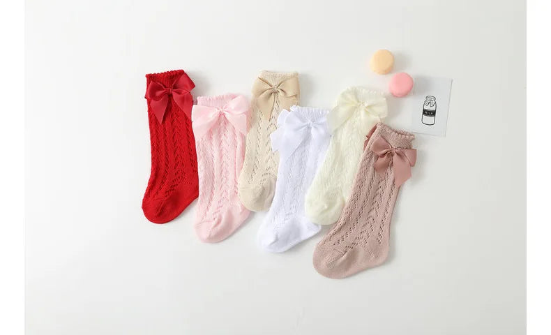 Summer Kids Knee High Socks Baby Girls Boys Bow Long Sock Cotton Mesh Breathable Children Hollow Out Socken For Kids 0-7 Years