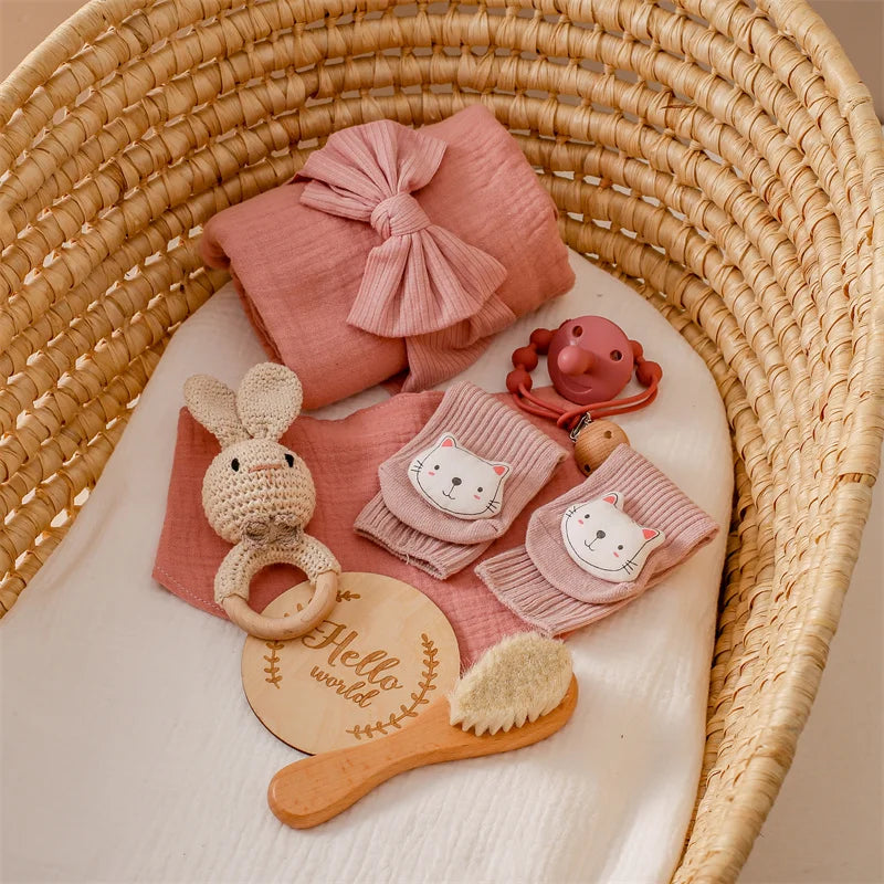 Baby Towel Newborn Accessories Photography Props Keepsakes Memories Milestone Cards Baby Birth Monthly Bath Rattle Toy Set Gifts